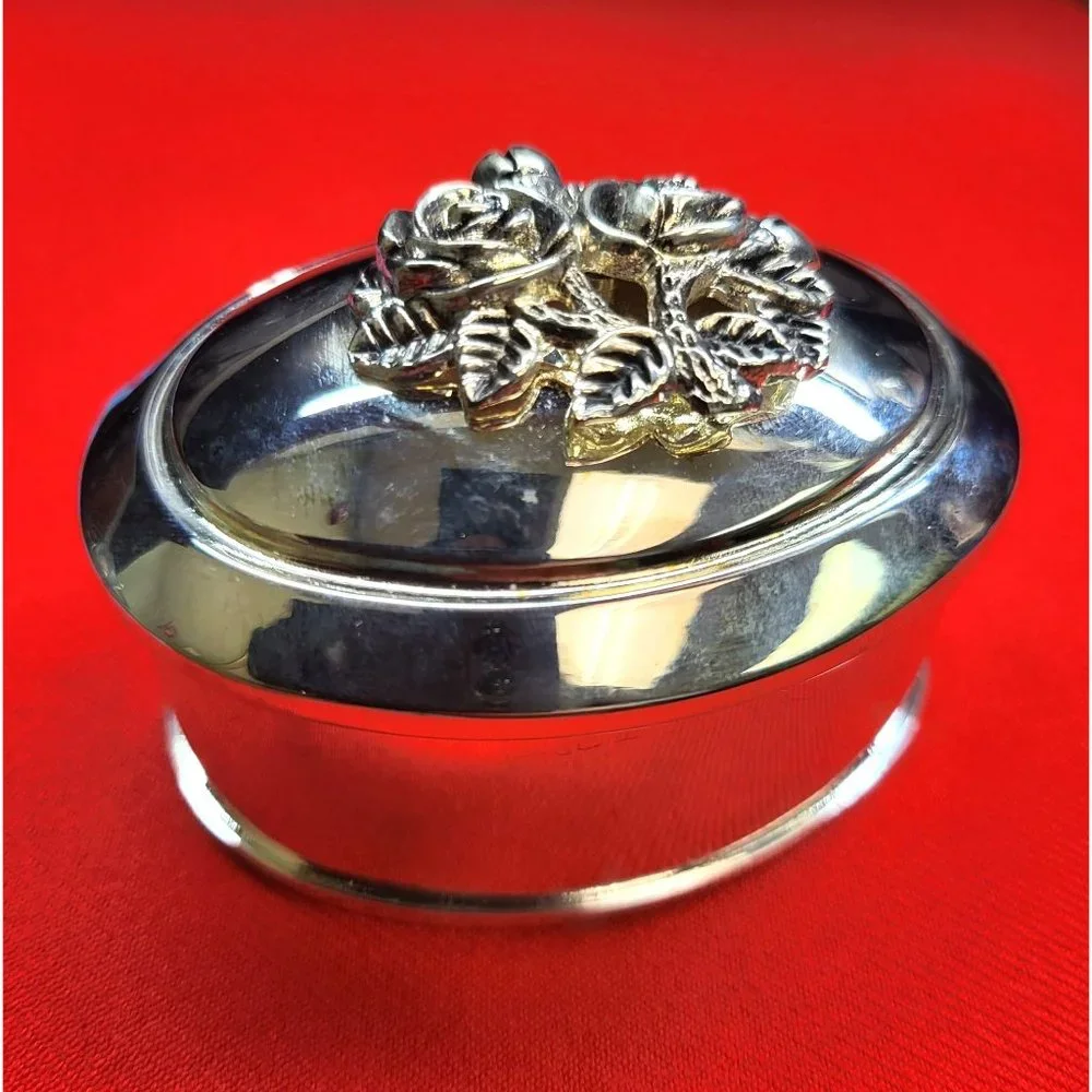 Vintage Silver Plated Roses Hinged Cover Trinket Jewelry Box Red Velvet Lining